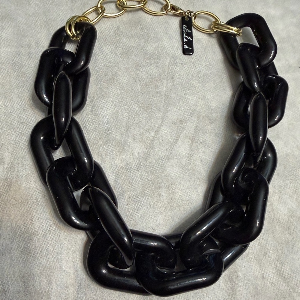 Chunky Black Resin Link Necklace with Gold Chain Accent